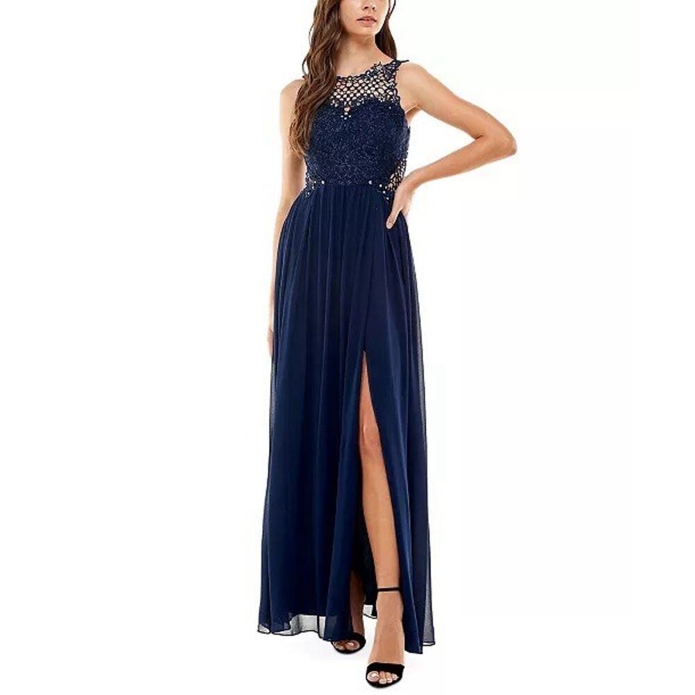 City Studio Navy Blue Maxi Formal Dress Sz 3 Crochet Bridesmaid Boho Rhinestones
